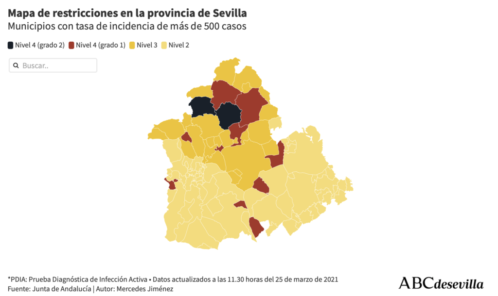 Doce municipios de Sevilla estarán perimetrados desde esta noche por una tasa superior a 500 casos
